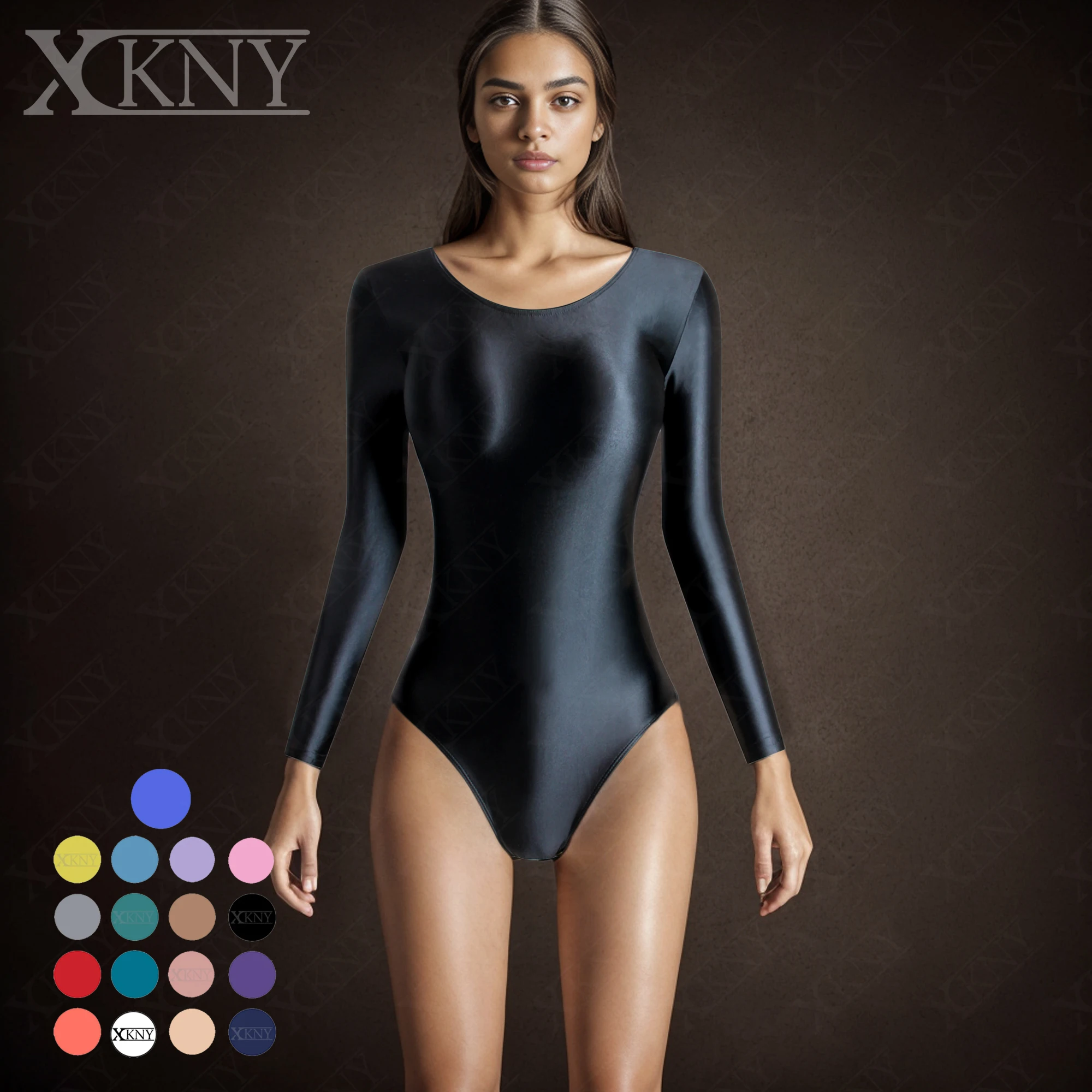 

XCKNY satin glossy One piece swimsuit sexy smooth high fork long sleeve tights Yoga sportswear solid color gymnastic suit