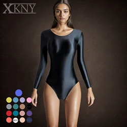 XCKNY satin glossy One piece swimsuit sexy smooth high fork long sleeve tights Yoga sportswear solid color gymnastic suit