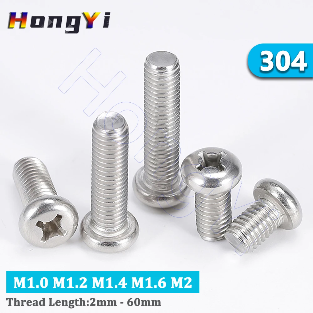 M1.0 M1.2 M1.4 M1.6 M2 304 Stainless Steel Phillips Pan Head Screw Cross Round Machine Screw Bolts Thread Length 2mm - 60mm