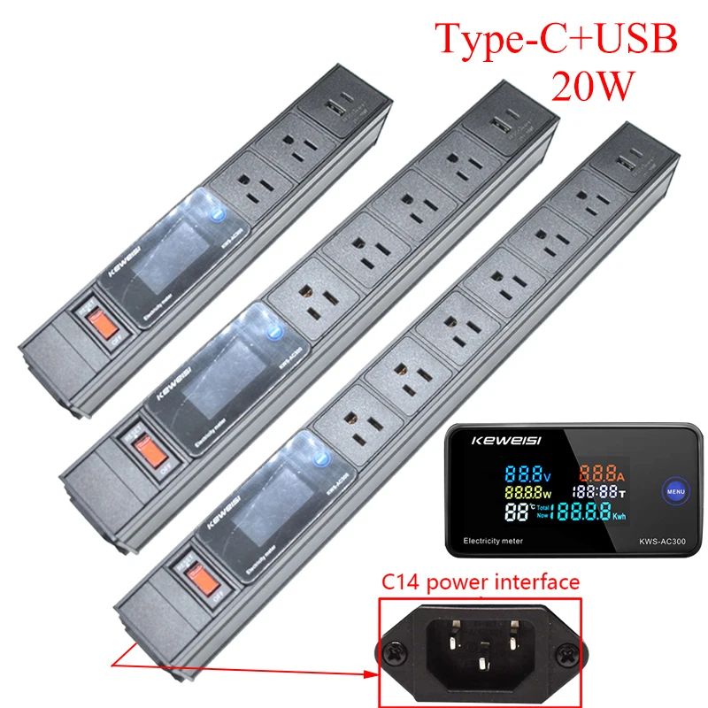 Digital Ampermeter Voltmeter Ammeter Power Strip With Switch 2/3/4/5/6/7/8/9Ways US Socket USB+Type-C C14 interface