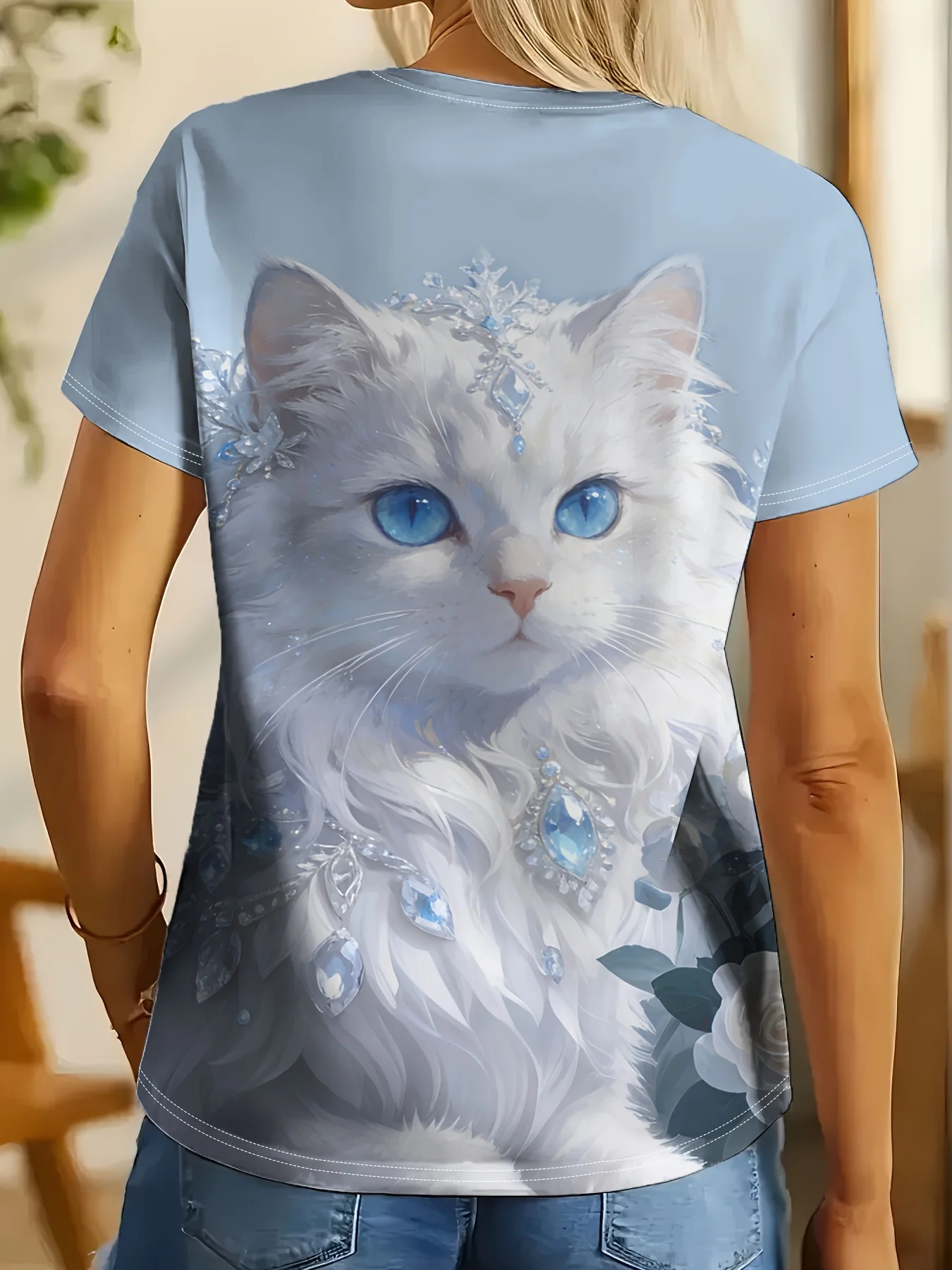 Women Crew Neck Short Sleeve T-shirt  Crystal Floral Print Soft Breathable Casual Daily Animal Graphic Top