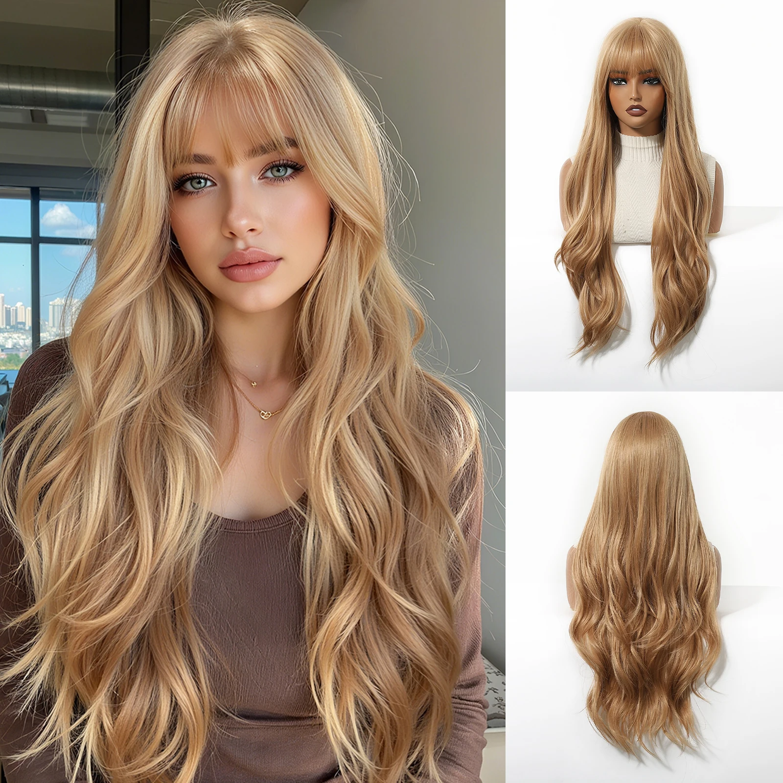 Golden Blonde Synthetic Wigs with Bangs Long Wavy Lolita Cosplay Hair Wigs For Women Halloween Daily Party Use Heat Resistant