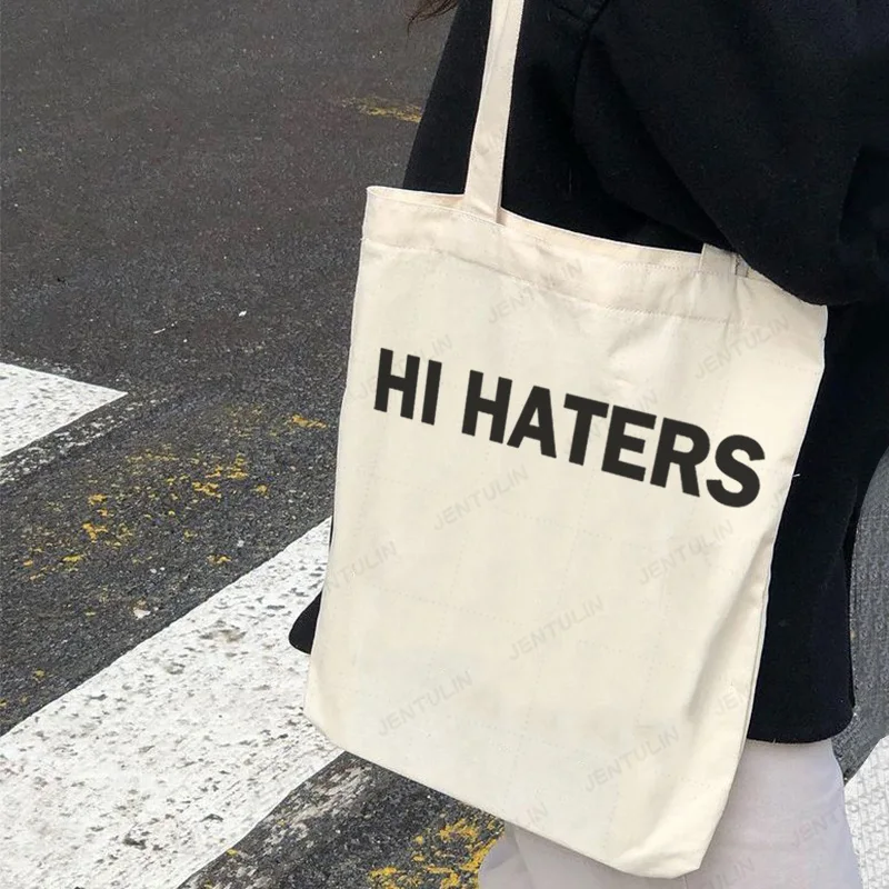 Hi Haters Letter Print Canvas Handbag High Street Cute Harajuku Shoulder Bag Women's Shopping Bag Fairy Large Capacity Bookbag