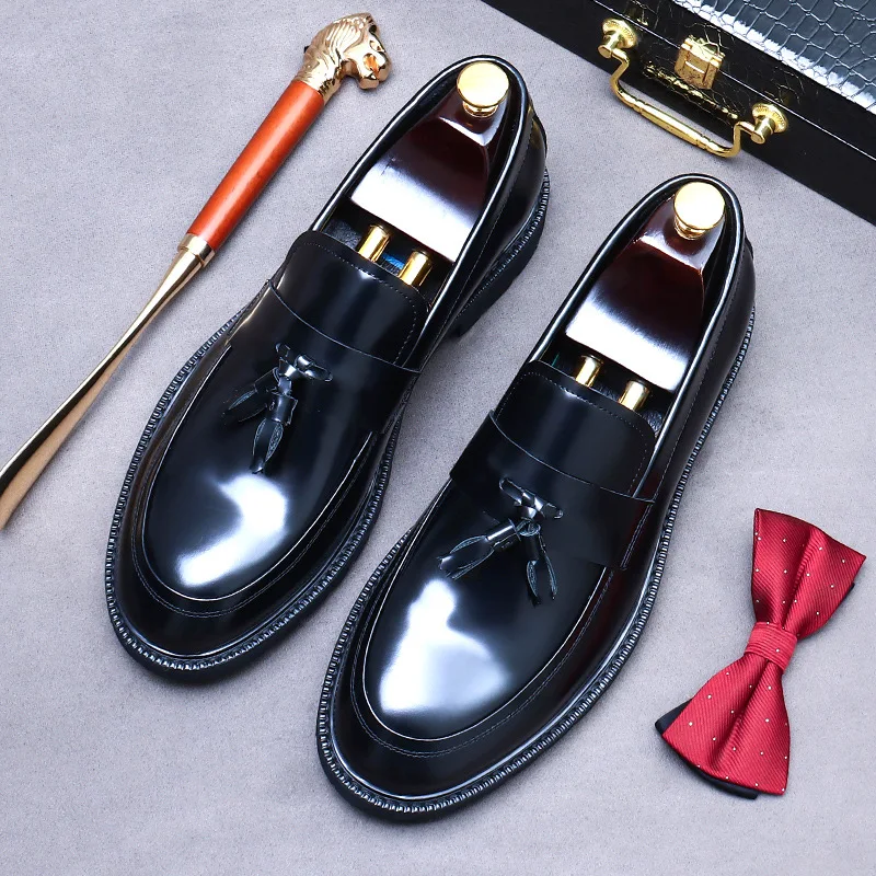 Men\'s Shoes Business Casual Shoes Thick Sole Lacquered Tassels Heightening Formal Shoes Genuine Leather Versatile Slip-On Shoes