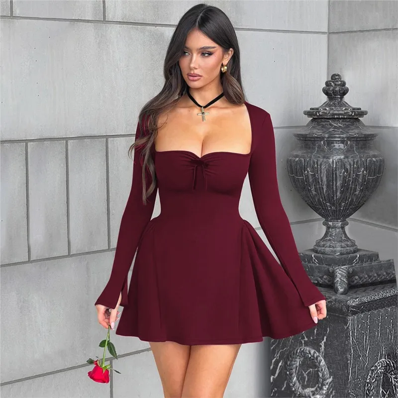 Robe trapèze sexy à encolure carrée pour femmes, robe de soirée élégante, sans bretelles, tambour mince, mini, printemps, automne, nouveau, 2025