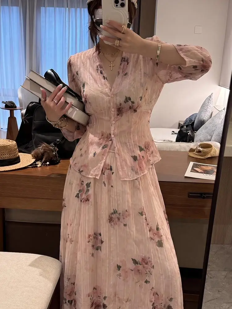 Pink Floral Print Shirt And Skirt Set Women's Thin Crepe Texture Spring Summer Fashion Two-Piece Suit Plant Flower Pattern