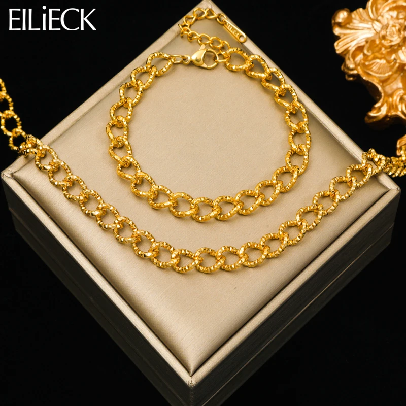 

EILIECK 316L Stainless Steel Gold Color Thick Chain Necklace Bracelet For Women Girl Fashion Non-fading Jewelry Set Gift Bijoux