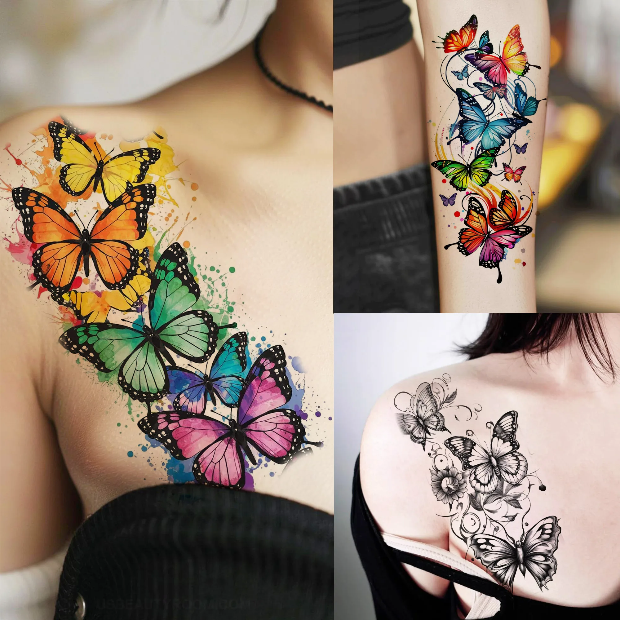 

1 Sheet Beautiful Watercolor Flying Butterfly Temporary Tattoos For Women Waterproof Realistic Fake Arm Shoulder Tattoo Stickers