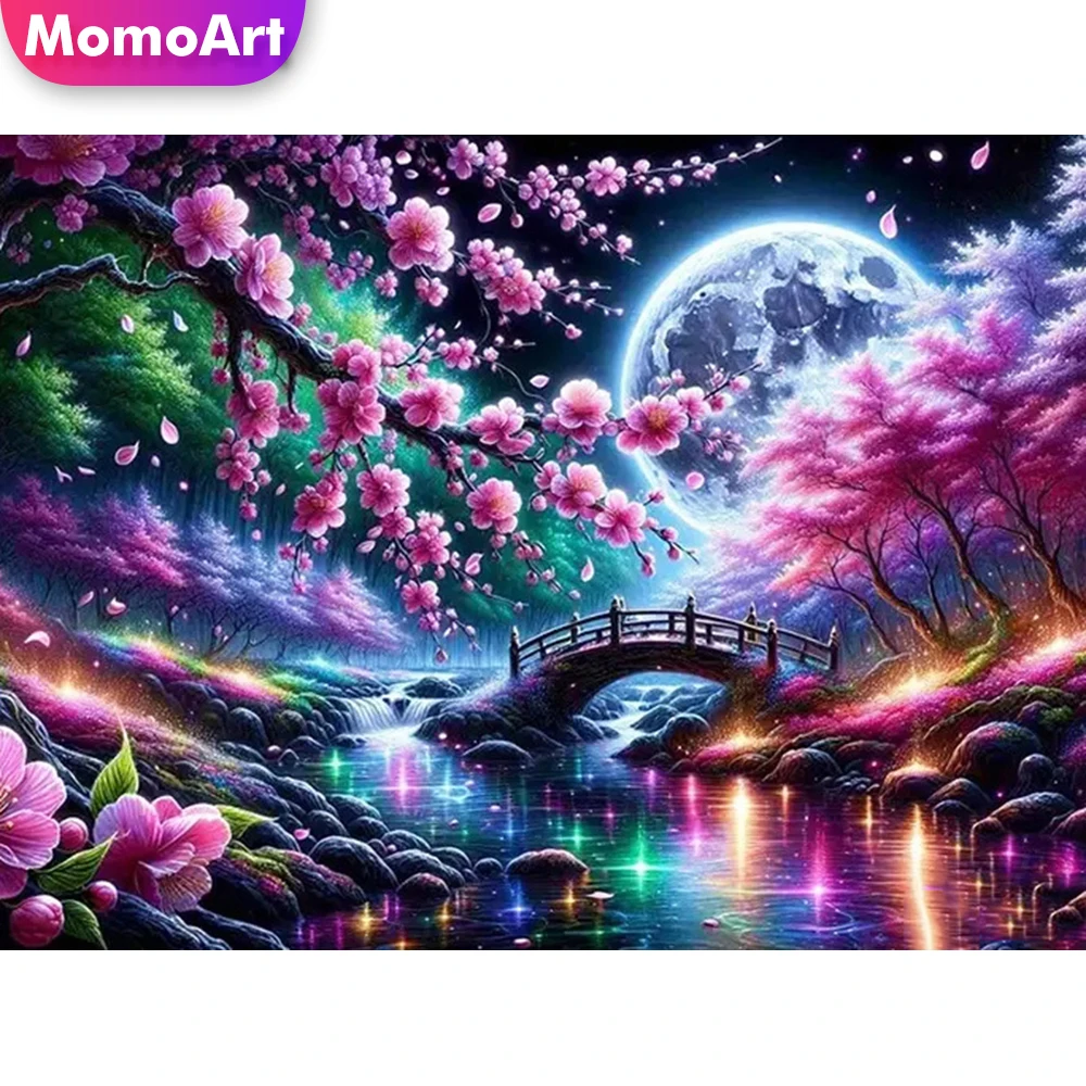 Momoart Diamant-Gemälde, Brücke, Flusslandschaft, Muster für Erwachsene, Anfänger, DIY, Baum, Stickerei, Blumenmosaik, Mond, einzigartiges Geschenk