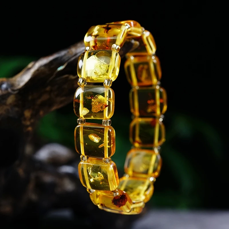 Natural Yellow Piebald Amber Gemstone Bracelet Clear Rectangle Beads Women Healing Stretch 13*9mm Bangle AAAAA
