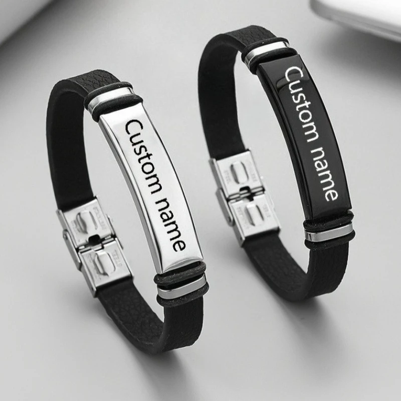 Customized Name/Text Silicone Bracelet with Stainless Steel Accessory