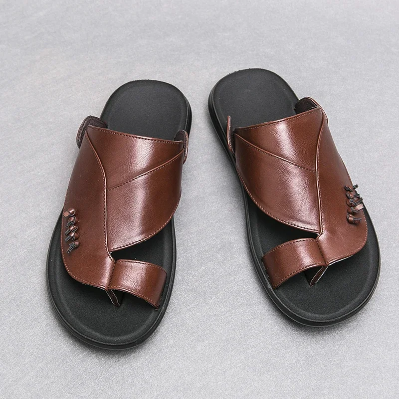 New Black Sandals Slippers for Men Brown Red Casual Sandals for Men Handmade Pu Leather Size 38-45