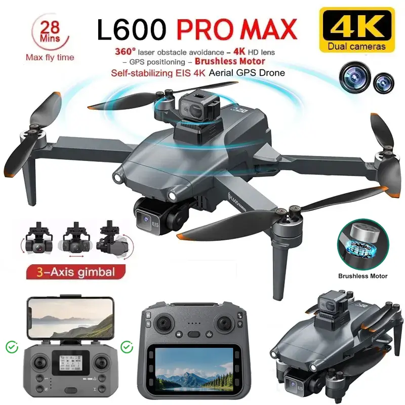 신형 L600 프로 맥스 4K 전문가용 드론 8K HD 카메라 3축 짐벌 GPS 드론 장애물 회피 5G WIFI FPV RC 쿼드콥터 장난감