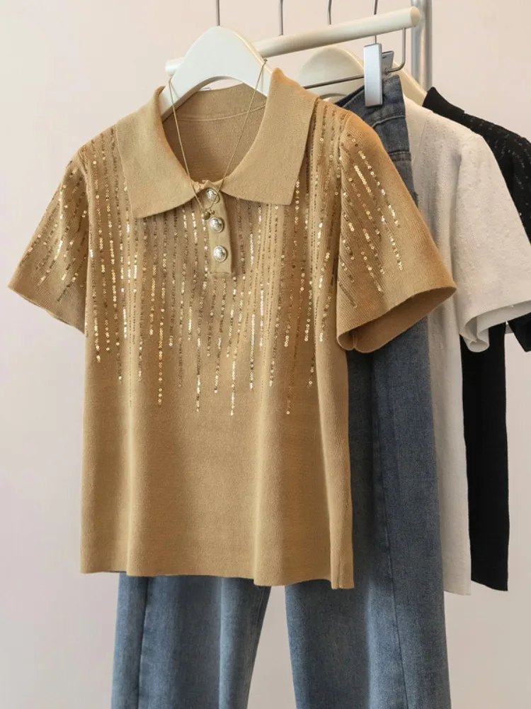 

iny Sequin irt Ice Silk Knitted ort Sve Women's Summer New Sle oulder Length f Sve ort Top Trendy