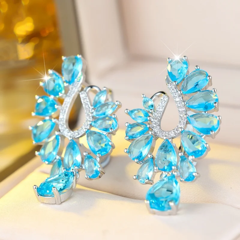 2026 New Peacock Open Screen Blue Zircon Earrings Water Drop Shaped Personalized Accessories for Attending Banquets