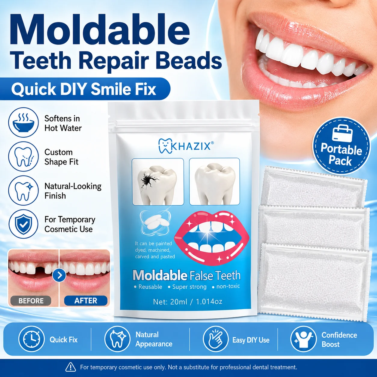 10g Temporary Teeth Beads DIY Cosmetic Smile Fix Moldable White Beads Easy to Shape for Natural-Looking Teeth