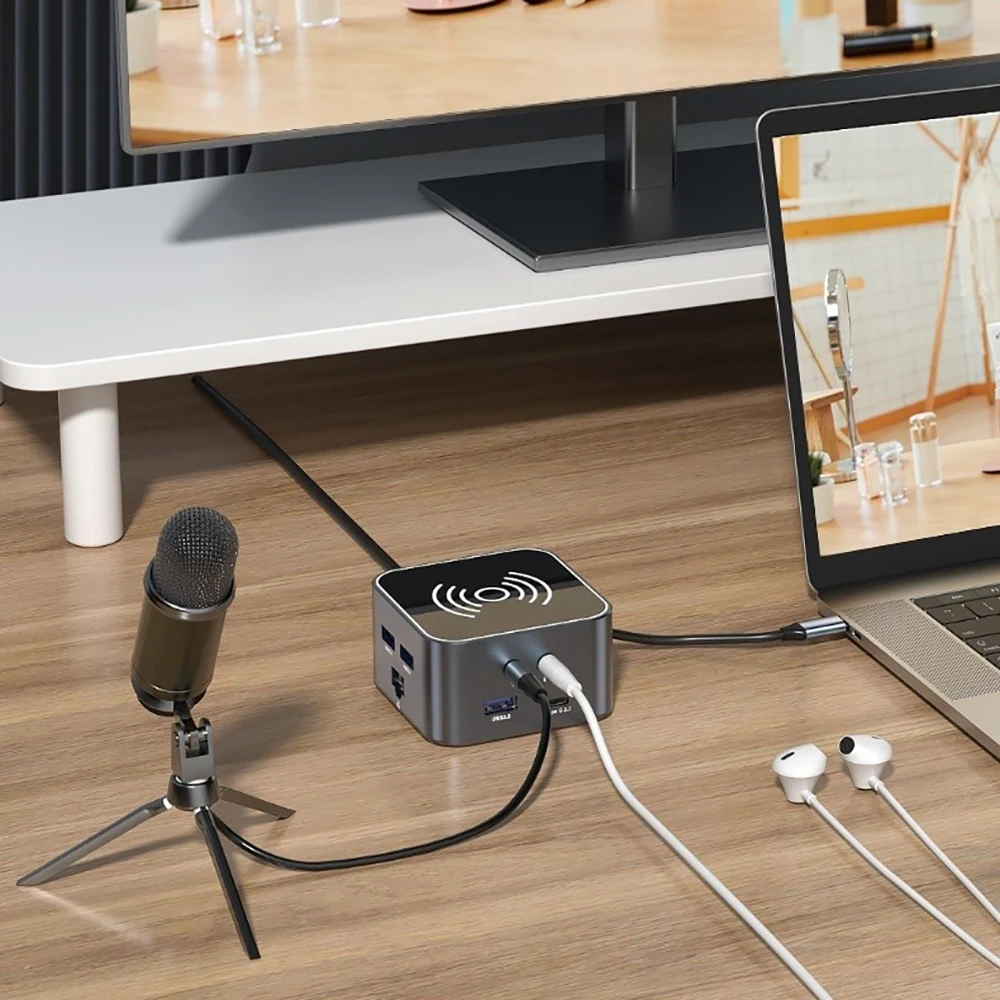 14 in 1 Type C HUB Laptop HUB Adapter with Wireless Charging, HDMI-compatible USB C Docking Station for MacBook/Dell/Lenovo