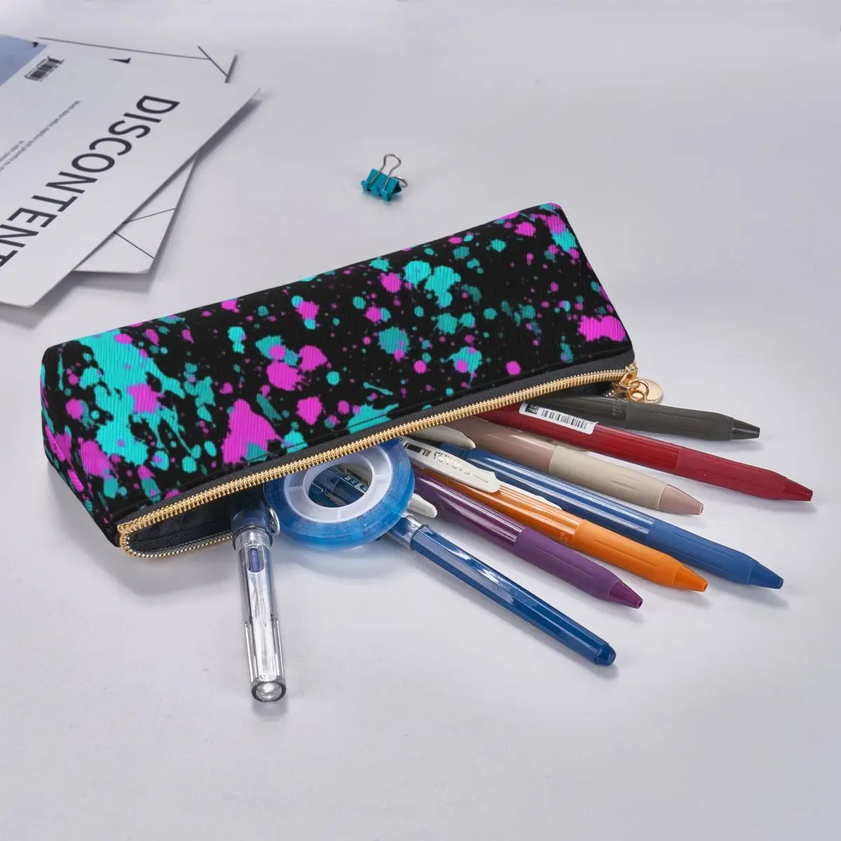 Paint Splatter Pencil Case Modern Pink and Aqua Back To School Pencil Cases PU Leather Boy University Pencil Box School Supplies