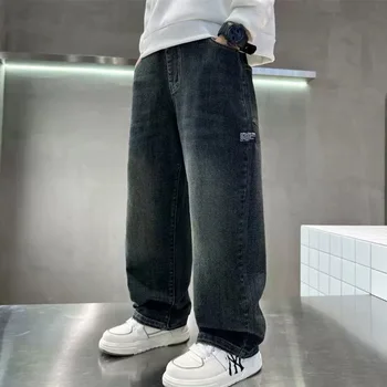 Boys Plush Warm Jeans 4 Spring Autumn Winter 4-14 Years Boys Plush Warm Jeans Fashion Letter Loose Straight Denim Pants Kids Casual Streetwear Trousers 4