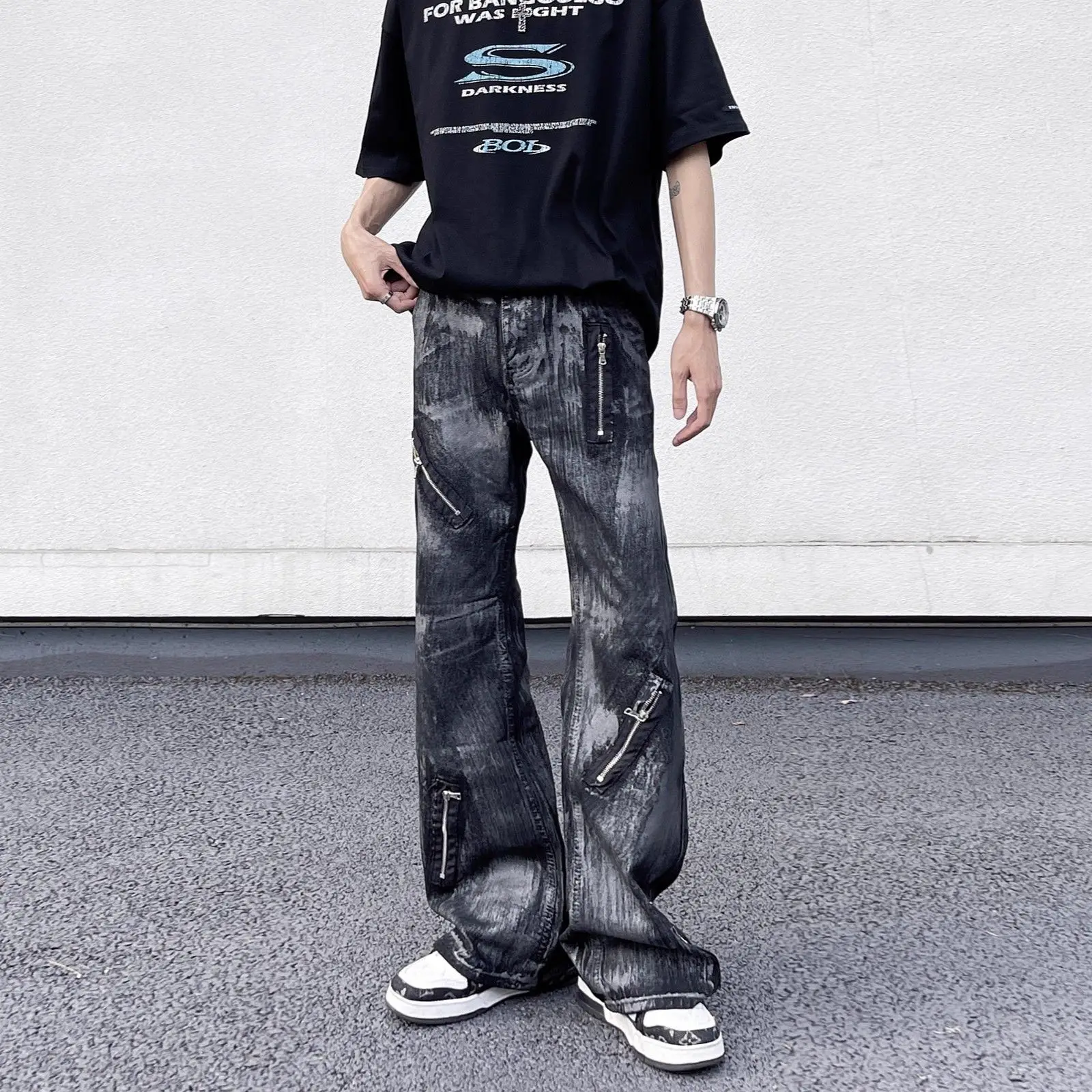 Men's Zipper Decoration Design Micro Flared Jeans Casual Trousers Boys Spring Bottoms Sweatpants Male Wide Leg Straight Pants
