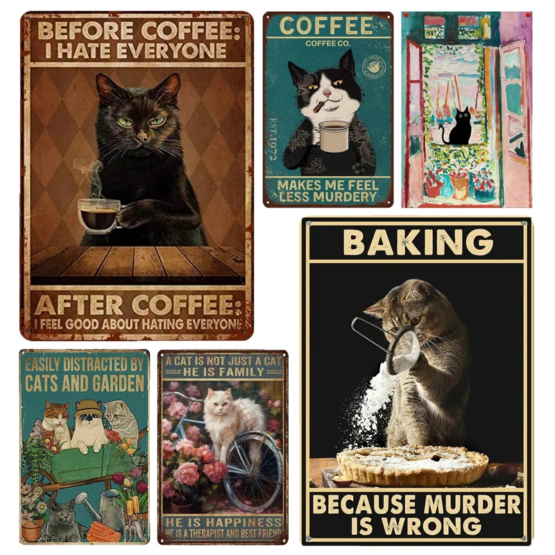 Cute Funny Cat Metal Tin Sign Coffee Shop Bakery Garden Decoration Vintage Posters Home Living Room Wall Decor Pin Up Plaque