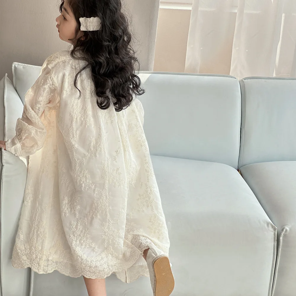 

Girls Dress 2024 New Spring Dress Children Long-sleeved Skirt New Chinese Stand Collar Lace Child Girls Princess Style Dress