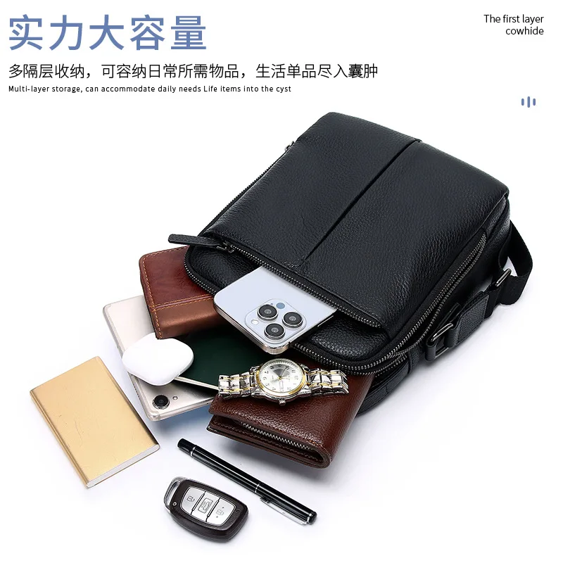 Men's high-end genuine leather vertical square casual crossbody bag with large capacity, travel crossbody bag