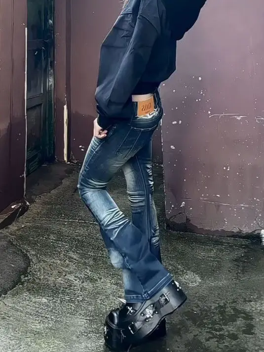 بنطلون جينز نسائي عتيق باللون الأزرق منخفض الارتفاع مطرز بتصميم أمريكي عتيق Y2K من قماش الدنيم المغسول بقصة ضيقة بنطال واسع الساق #5