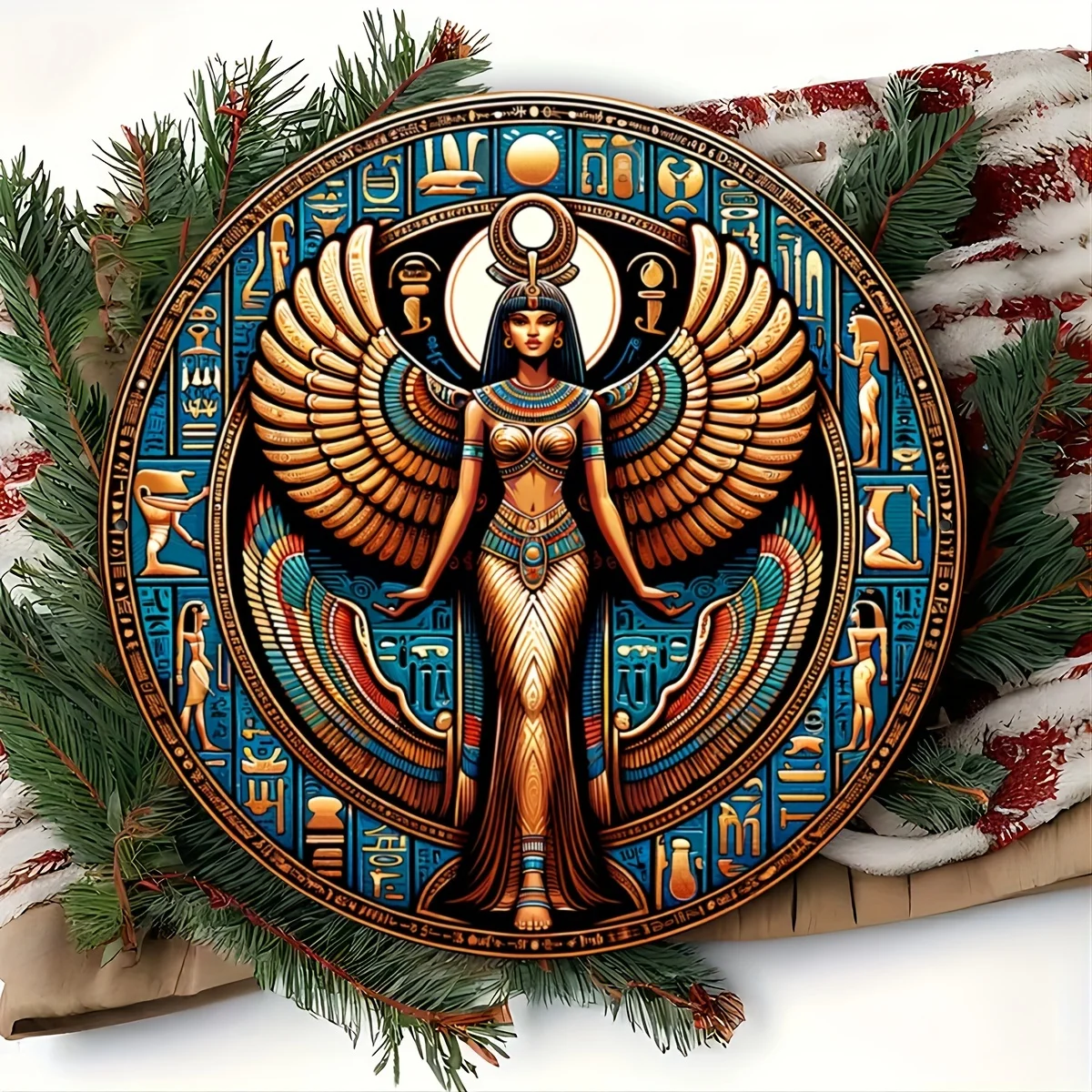 2D-Metallschild, Ägyptische Göttin Bastet Wanddekoration mit Ankh-Symbolen, 7,8-Zoll rundes Metallschild für Zuhause, Café, Bar, Garage, Terrasse