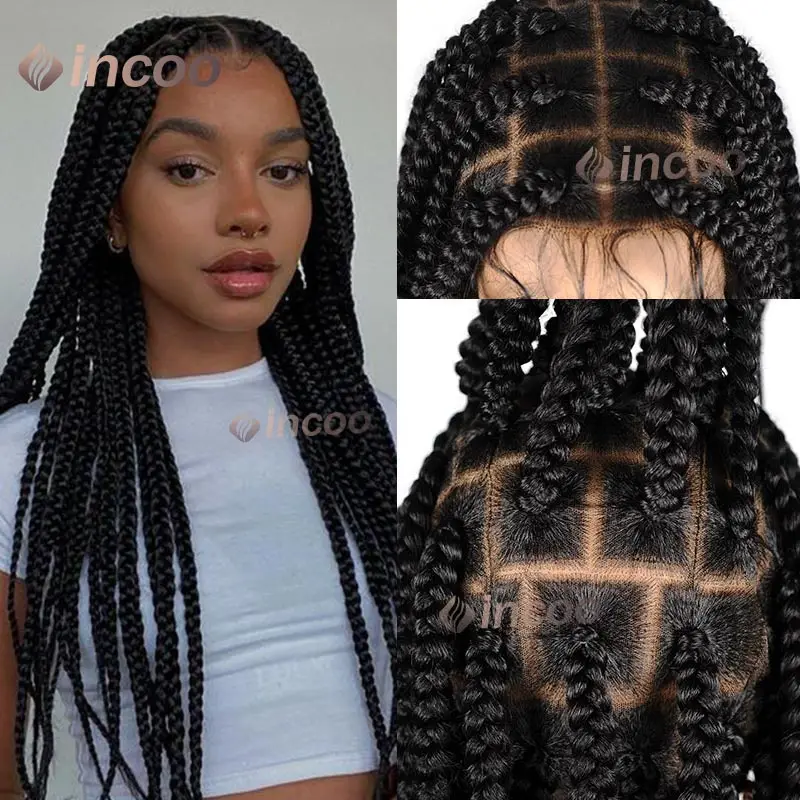 

36" Synthetic Lace Front Wigs Jumbo Box Braided Wigs Lace Wig Knotless Braids Wig For Black Women Cornrows Braiding Hair Wigs