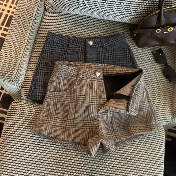 

Женские осенне-зимние шорты в клетку из смеси шерсти, женские повседневные уличные шорты с высокой талией, короткие брюки