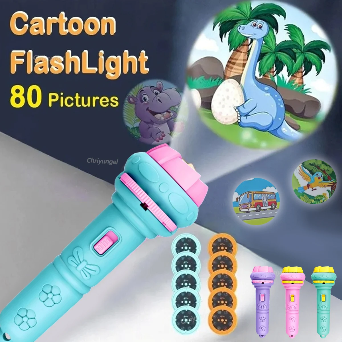 Kids Projector Flashlight 10 Cards 80 Patterns Night Light Early Learning Educational Toy Gift for Toddler Boys Girls