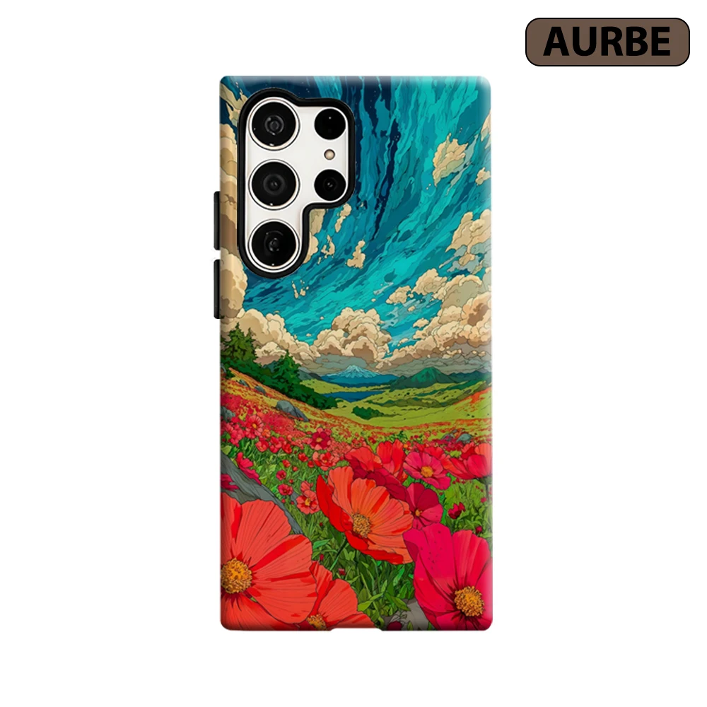 Poppy Field & Mount Fuji Phone Case for Samsung Galaxy S26 S25 Ultra S24 S23 Ultra Plus Shockproof Double Layer Tough Back Cover