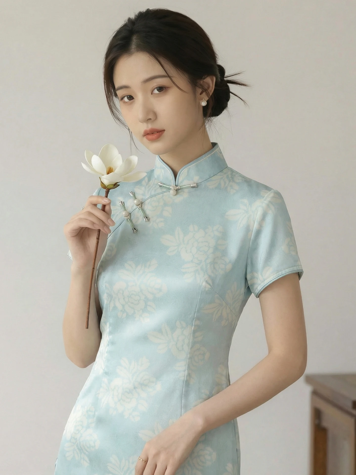 

Retro Chinese Style Short Sleeve Women's Dress Light Blue Breathable Elegant Midi Skirt Low Slit Floral Pattern Spring Summer