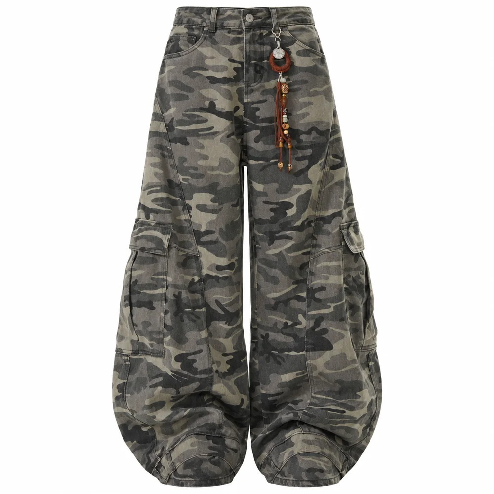 Unisex Camouflage Wide Leg Cargo Jeans Relaxed Barrel Fit Streetwear Denim Pants