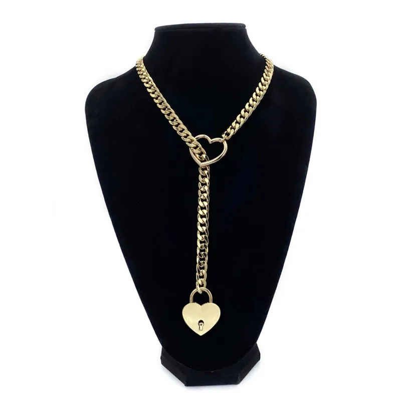 Role play Womens Slip Chain Necklace Heart O-Ring Rock Cuban Cosplay Long Necklace Adjustable Heart Shaped Lock Core With Key image 2