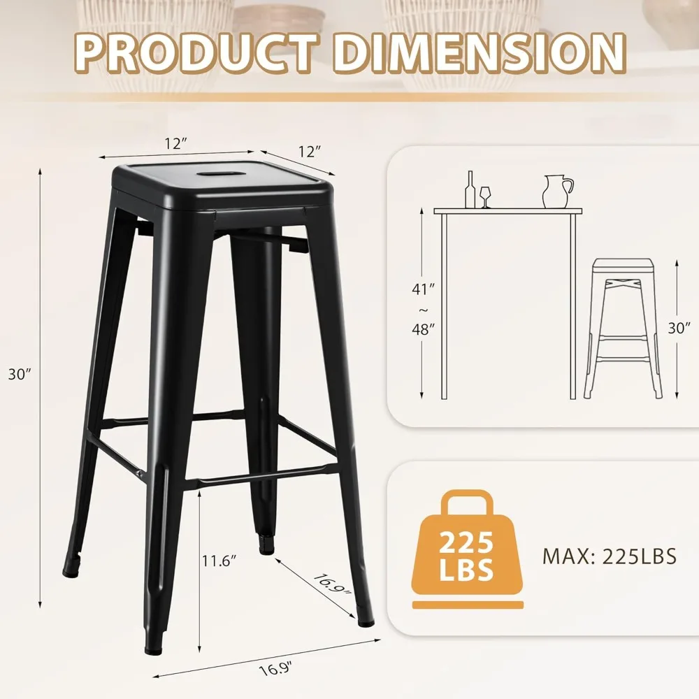 30 Inches Metal Bar Stools Bar Height High Backless Stools Indoor Outdoor Stackable Kitchen Stools Set of 4