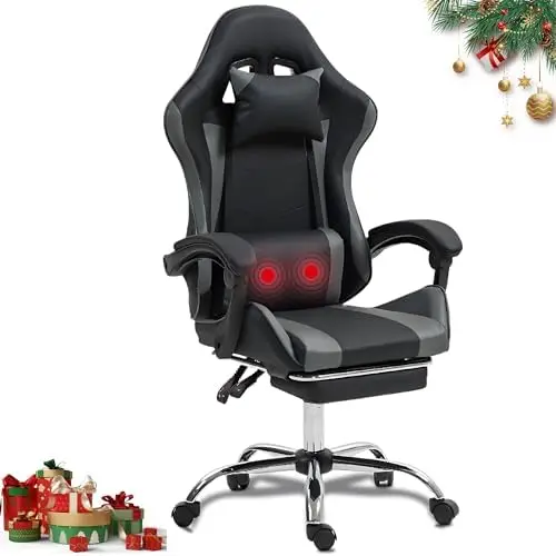 Ergonomic Gaming Chair with Massage Lumber, Grey Video Game Chair w/Footrest for Adults Kids, Adjustable Headrest &