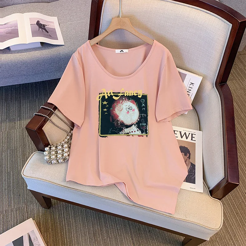 تي شيرت نسائي بأكمام قصيرة ، ملابس نسائية أساسية بسيطة ، متوسطة وطويلة ، عصرية ومتعددة الاستخدامات ، سمينة ، مقاس كبير ، 60-: