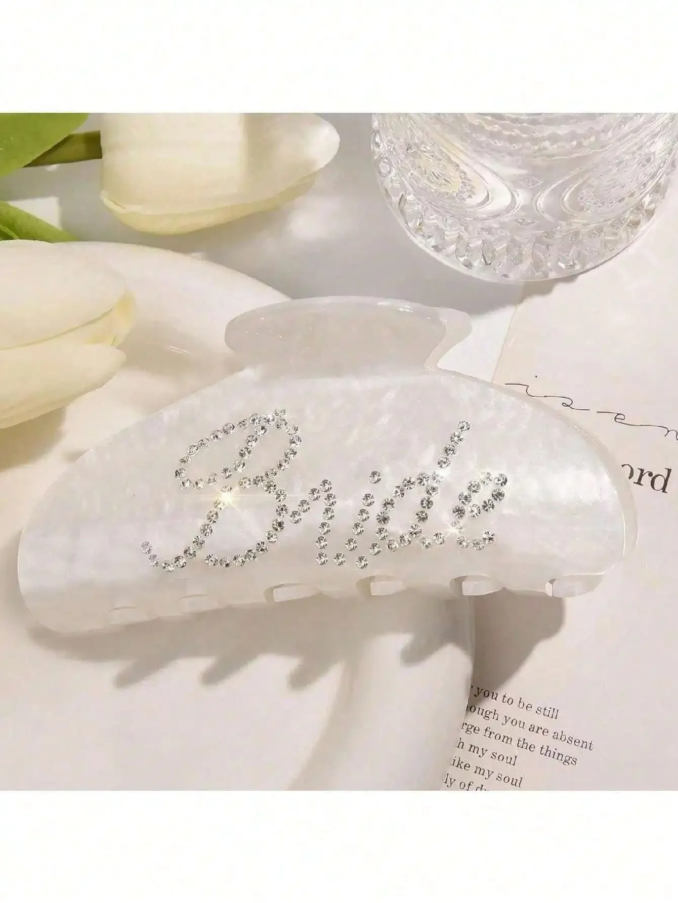 

White Acrylic Rhinestone Bride Hair Claw Clip For Wedding Bridal Shower Bachelorette Party
