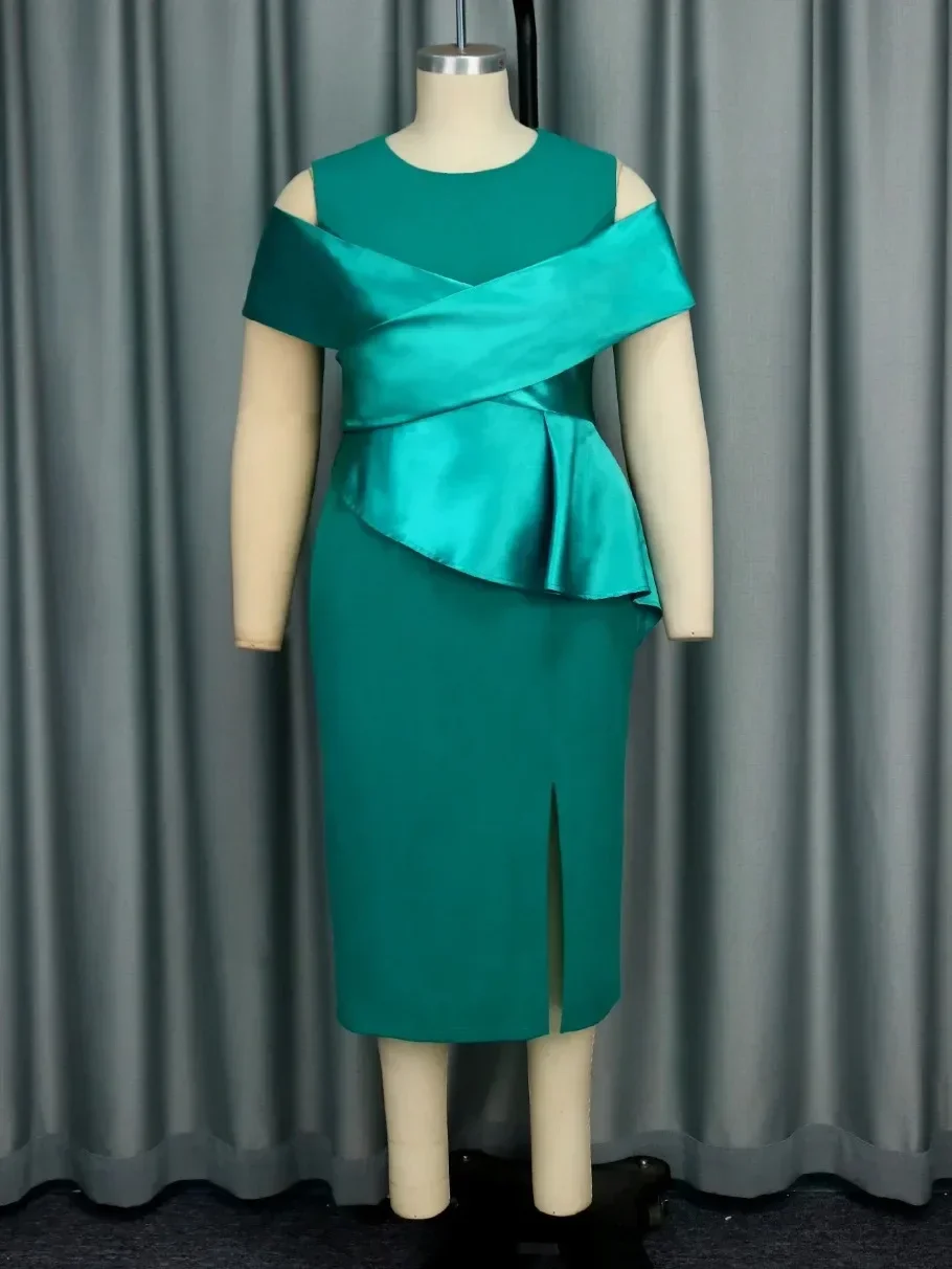 Abito da sera da donna elegante verde lucido in raso patchwork manica corta ritagliata avvolgente aderente diviso abiti da cerimonia per occasioni formali 2024