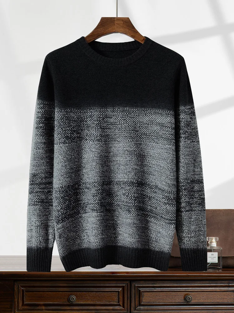 Gradient 100% Cashmere Sweater Men's O-neck Thick Pullover Autumn Winter Smart Casual Warm Long Sleeve Knitwear Cashmere Tops