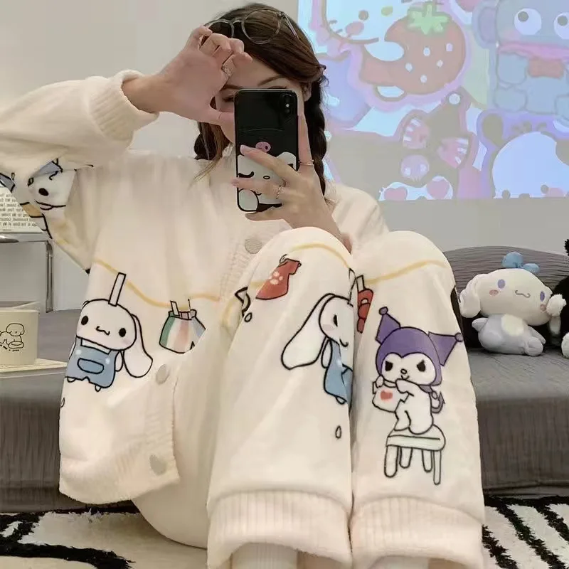 2023 New Sanrio Kuromi Cinnamoroll Coral Velvet Cardigan Pajamas Women's Autumn And Winter Plush Loose And Warm Home Clothing