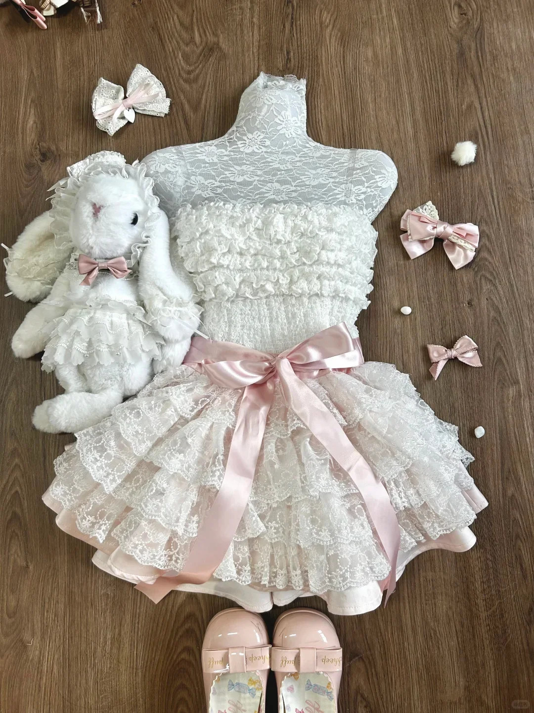 Summer Sweet Lolita Japanese Kawaii Strapless Lace Ruffle Tiered Elegant Cake Mini Dress Women Bow Waist Party Princess Clothes