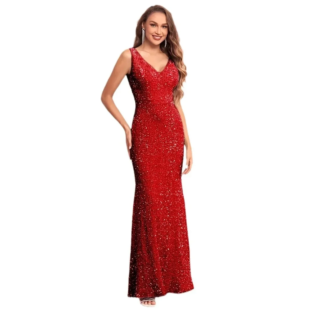 Vitrchp sexy profundo decote em v vestidos de noite luxo lantejoulas sem mangas vestidos de festa de aniversário sólido sem costas magro vestido de baile para mulher