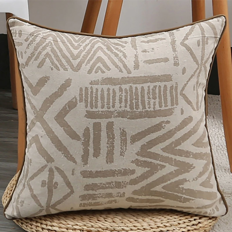 Oat Brown Geometric Printed Pillow Case Cotton and Linen Tassels Pillow Covers Decorative Bohemian Retro Home Cushion Covers