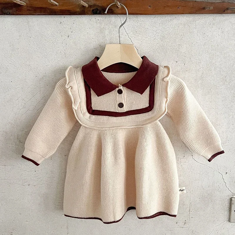 2024 New Autumn Infant Baby Girl Party Dress Long Sleeved Knitted Splicing Kids Knitting Princess Dress European American Style