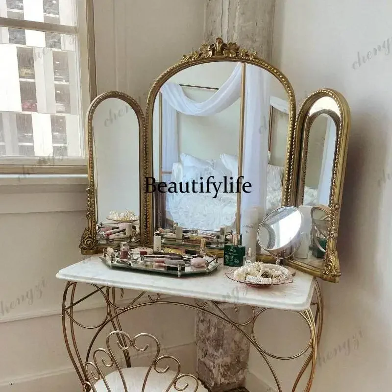 HR European-style carved makeup mirror retro court style, desktop, classical dresser wall-mounted tri-fold mirror