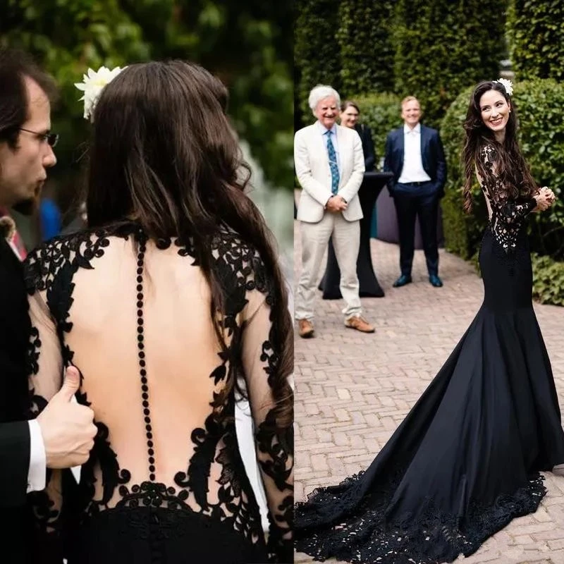 Black Gothic Mermaid Wedding Jurken Met Lange Mouwen Lace Applique Overdekte Button Illusion Terug Trompet Land Bruidsjurken