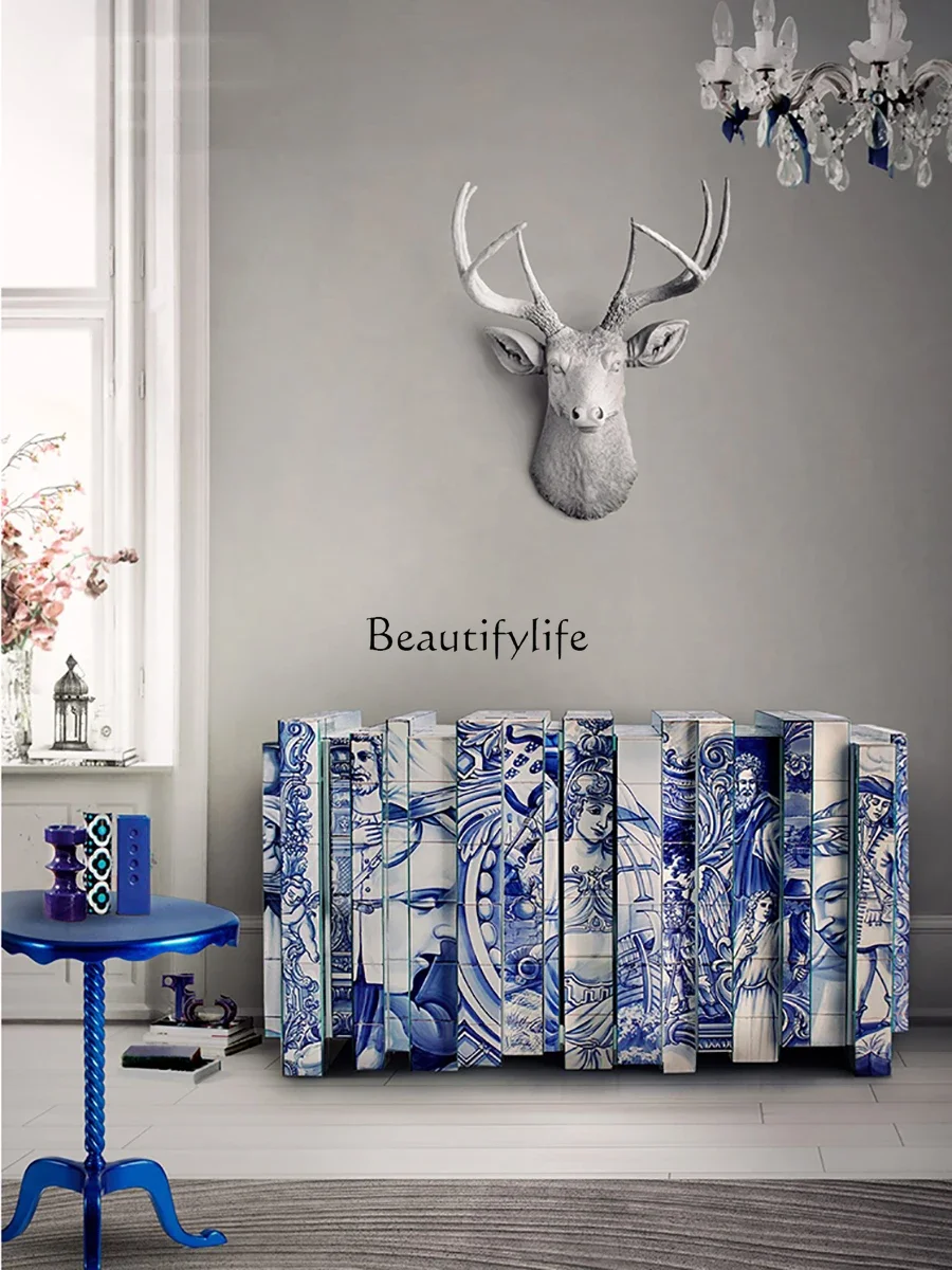 Creative hand-painted dining side cabinet, villa luxury home blue and white porcelain storage cabinet